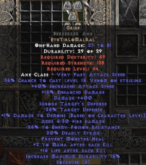 Grief Berserker Axe - 40% IAS & 400 Damage & - 25 PR