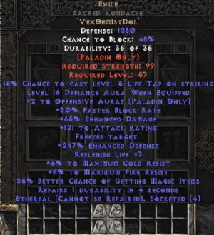 Exile Sacred Rondache - Eth Bugged - 50+% ED/110+ AR - 220-260% ED