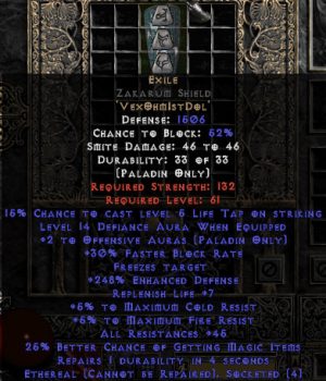 Exile Zakarum Shield - Eth Bugged - 45 Res - 220-239% ED