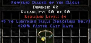 -+3 Sorceress Lightning Skills/20% FCR Diadem/Tiara/Circlet - 0 Socket